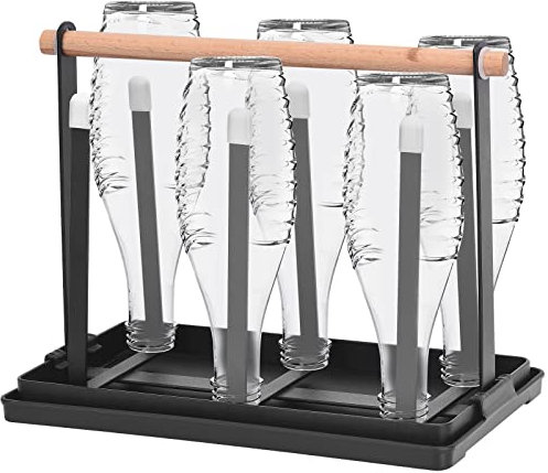 LQKYWNA Cup Drying Rack, Black Metal Bottle Drying Rack for 6 Bottles in The Kitchen, Bottle Drying Holder with Silicone Protective Hook and Drip Tray, Drying Rack for all Bottles