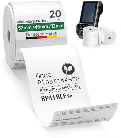 coreless - 20x EC-Thermorollen à 57mm x 45mm x 12mm - EC-Rolle mit Sepa Aufrdruck - kernlose Kassenrollen ohne Plastikmüll