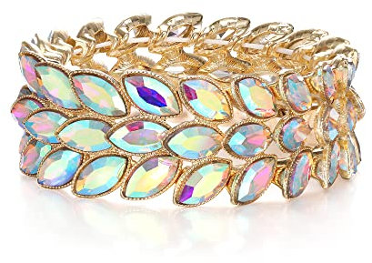 EVER FAITH Armband Art Deco Wrist Jewelry for Prom 3 Marquise Kristall Blatt Elastisches Stretch Schillernd AB Gold-Tone