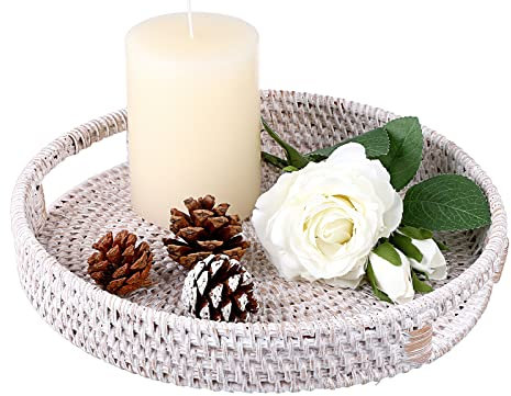 IGNPION Rattan Serving Tray 25cm Decorative Display Tray Table Storage Trays with Handle Desktop Organiser Basket for Tableware,Makeup,Vanity,Jewelry,Candle, Ornament Whitewash