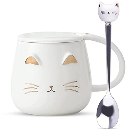 DASIAUTOEM Tasse de Chat, Tasse à café en céramique avec couvercle et cuillère en acier, Voyage Bureau Réutilisable Tasse, Kawaii de Tasse à café pour les amoureux des chats Femmes Cadeaux