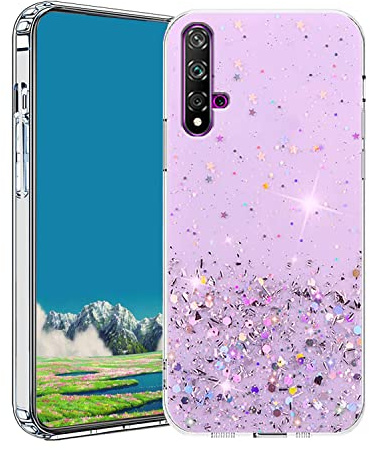 Wousunly für Huawei Nova 5t Hülle Trasparenter Glitzer | Handyhülle für Huawei Nova 5t Silikon Durchsichtig Case Dünn (Violett)