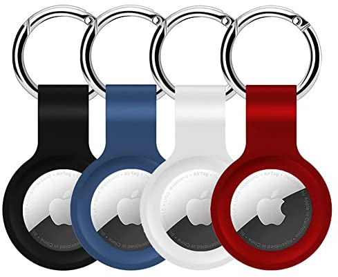 Alsukeay 4 custodie protettive per AirTag con portachiavi silicone titolare compatibile con Ar-Tag Tracker per portafogli bagagli zaini bambini animali domestici (Nero/Bianco/Blu/Rosso)