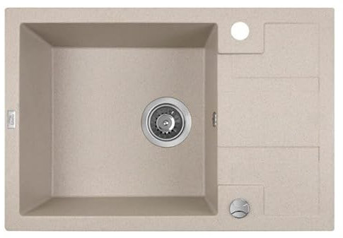 BADLAND Spülbecken Einzelbecken 44x65 Kuchenspüle Beige Granitspüle Barbados mit kurze Ablaufplatte und platzsparender Siphon