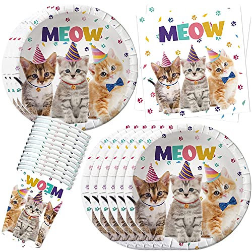 YGCHEN Katze Partygeschirr Kindergeburtstag Deko Kätzchen Geschirr Geburtstag Pappbecher Pappteller Servietten Cat Party Geschirr Supplies 10 Personen