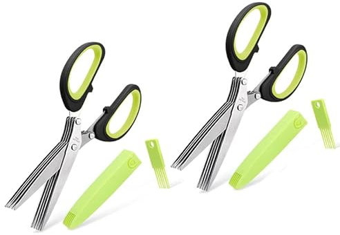 2Pack Herb Scissors Stainless Steel Kitchen Scissors 5 Blades, Spice Scissors Chive Scissors Vegetable Scissors with Safety Cover and Cleaning Comb, Kitchen Herb Scissors for Herbs, Chives