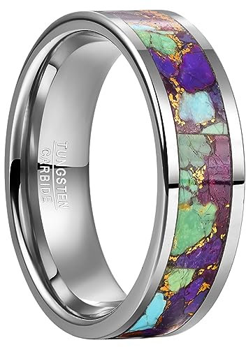 Vakki 8mm Ring Herren/Damen Silber Türkis Ring für Damen Wolfram Ring mit Kupfer Lila Türkis Verlobungsringe Paar Ring für Männer
