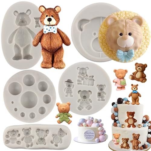 MYPRACS 3D Pearl Fondant Mould Bear Silicone Fondant Mould Ball Pearl Semi Sphere Chocolate Moulds for Teddy Bear Cake Decorating Cupcake Topper Candy Lollipop Polymer Clay Gum Paste Set of 5