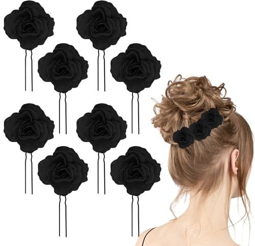 8 PCS Black Rose Flower Hair Clips U Shape Floral Bobby Pins,Vintage Rose Hair Accessories for Women Girls Party Beach Wedding(Black)