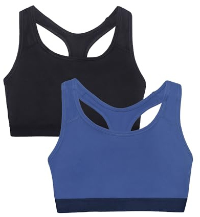 Fruit of The Loom Women's Medium Impact Sports Bras, Ideal for Yoga, Cycling, Walking and Lounging, Non-Padded Design, Supports Without Padding 2 Pack Dutch Blue W/Navy/Black Hue L