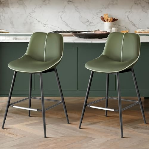 VASAGLE Bar Stools Set of 2, Counter Height Bar Stools with Back, Ergonomic Backrest, Synthetic Leather, Metal Legs, 24.8-Inch Tall Barstools for Kitchen Island Home Bar, Easy Assembly, Forest Green