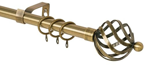 WL.Rocaille Curtain Pole Single Spiral Metal Extendable Adjustable 16/19mm Diamete Curtain Rod Set Decorative Window Includes Pair Of Finials Rings Brackets (Antique Brass, 160-300cm, 66-120inch)