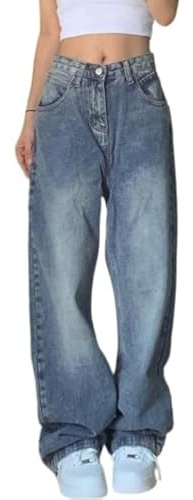 EMMIOL Baggy Jeans for Women Mid-Low Waist Streetwear Jeans Wide Leg Denim Pants Blue,S