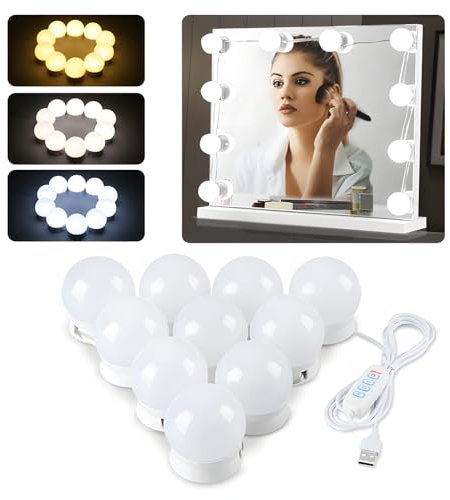 Defvnsy LED Spiegelleuchte, 10 Dimmbar Spiegelleuchte Hollywood, 3 Farben Kosmetikspiegel Badzimmer Spiegel Licht, Schminktisch Leuchte, Make Up Licht