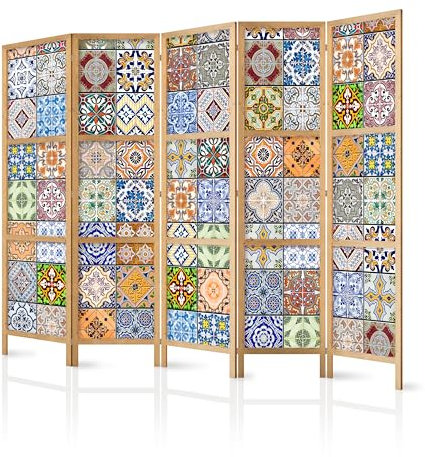 murando - Paravent Innen Raumteiler Holz Natur 225x172 cm 5-teilig Japanische Trennwand Raumtrenner Room Divider Mobiler Sichtschutz Spanische Wand Raum Abtrennung Bunte Abstraktion f-B-0009-bh-c