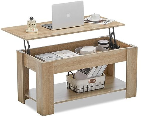 TUKAILAI Couchtisch, Wohnzimmer Tisch Höhenverstellbar, mit Stauraum, Hubplatte, Offenes Fach, für Wohnzimmer, Büro, 40 x 100 x (42.5-55) cm
