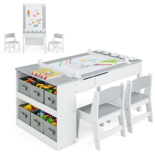 GYMAX 2 in 1 Kids Table and Chairs Set, Wooden Children Art Table with 2 Chairs, 6 Storage Boxes, Paper Roller & Shelves, Toddler Activity Table Set for Drawing (Grey, 5 Cups: 109 x 60 x 55cm)