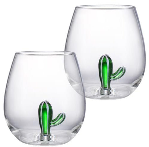 2 Pièces Verres à Vin Cactus sans Pied, 501~600 ml Créatifs Verres Vin Rouge en Verre pour Femme Homme, Verres à Gin avec Cactus Vert à l'intérieur pour Saint-Valentin Anniversaire Mariage Bar