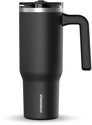 Hydrapeak Voyager 32 oz Tumbler with Handle and Straw Lid | Reusable Stainless Steel Water Bottle Travel Mug Cupholder Friendly | Insulated Cup (Black)