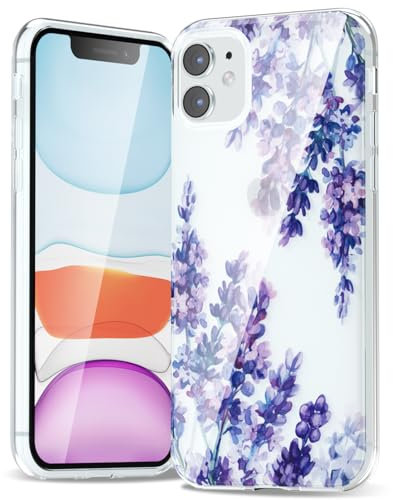 Svanove for iPhone 11 Case Flower, Girly Cute Clear Floral Aesthetic Design, Slim Thin Transparent Hard Shell Plastic Phone Case for Women Girls, Trendy Elegant Pattern, Purple Lavender