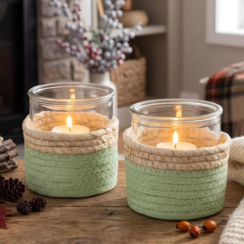 2er Set Glas Windlicht H10cm Natur Grün Teelichthalter Kerzenhalter Tischdeko Kerze Kerzenständer