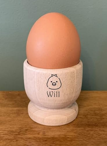 Personalised Wooden Egg Cup Gift Idea For Kids Mum Dad, Engraved With A Chick And Name