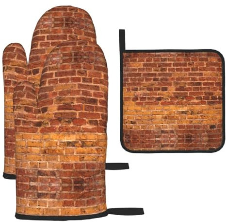 Juego de guantes de horno y soportes para ollas, diseño de pared de ladrillo industrial, unisex, para el hogar y restaurantes