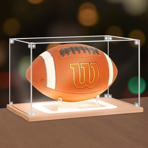Nonemey RugbyBall Vitrine mit Led Licht, Acryl vitrine schaukasten Display case mit Ständer für volle Größe Autographen-Fußball, Sport Memorabilia Vitrine für Sammlerstücke(Holz, 32x19x19 cm)