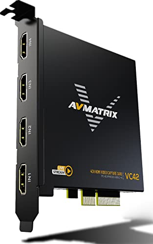 AVMATRIX Scheda di acquisizione PCIE per PC, 4CH HDMI con latenza ultra bassa 1080P60 per streaming live multicanale, videoconferenze, educazione online, trasmissione telemedica su PC/Mac (VC42)