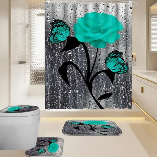 BXFUL 4 Piece Waterproof Shower Curtain Set for Bathroom-Rose-Non-Slip Bath Mat and 12 Hooks,Curtain Set with Rug,Toilet Lid Cover Bathroom Decoration (Teal)
