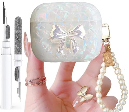 Olytop Schutzhülle für Airpods 4 mit Glitzerstift, Muschelmuster, für Apple Airpods iPod 4. Generation, Schutzhülle für Mädchen und Damen, mit luxuriösem Perlen-Schlüsselanhänger, Blume