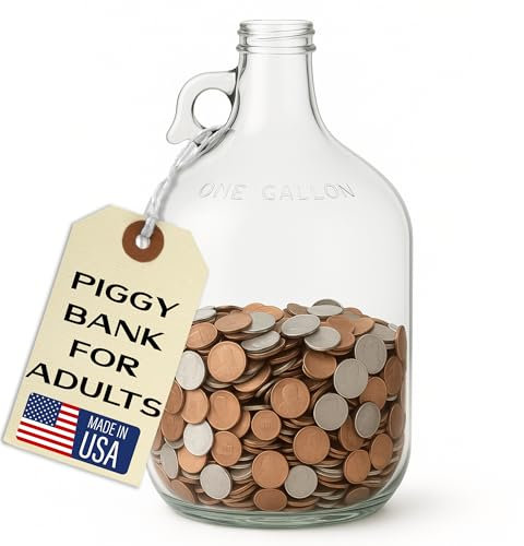 Piggy Bank for Adults - Large Coin Bank Glass Jar - for Saving Money & Small Change - Gallon Jug Made in USA