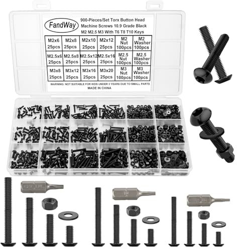 FandWay Lot de 900 boulons et écrous, vis à métaux à tête cylindrique Torx M2 M2,5 M3, vis Torx à tête cylindrique, boulons et rondelles noirs en alliage d'acier de qualité 10.9, entièrement filetés
