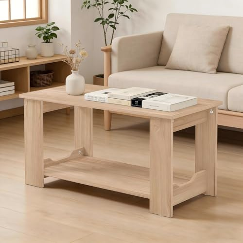 Warmiehomy Coffee Table 2 Tier Bottom Shelf with Storage 80x40x42cm,Wood | Wooden Coffee Table Modern Style End Table Rectangular Coffee Tables for Living Room,Bedroom,Dining Room,Kitchen,Furniture