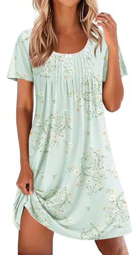 Ekouaer Nightgowns for Women Pleated Night Shirts Short Sleeve Sleep Shirts Lace Trim Night Gown Ladies Soft Sleep Dress
