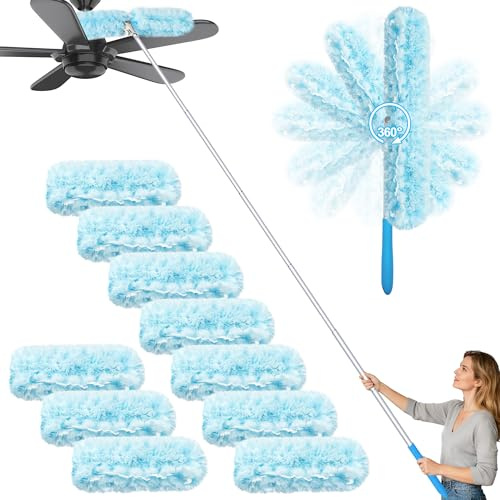 JEHONN Duster and 10 Refills Compatible with Flash Dust Magnet Long Handle, 180 cm Telescopic Disposable Magnetic Dusting Remover Brush Starter Kit for Cleaning High Ceiling Fan Shelves Vent