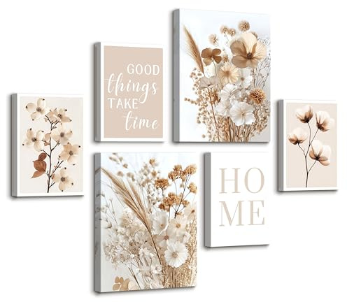 6 Sets of Boho Beige Weiß Blumen Leinwandbilder mit Rahmen Minimalistisch Zuhause Blumen Bilder Natur Pflanzen Wandbilder Schlafzimmer Bild Auf Leinwand Kunstdruck Deko für Wohnzimmer 20X30X4+30X40X2
