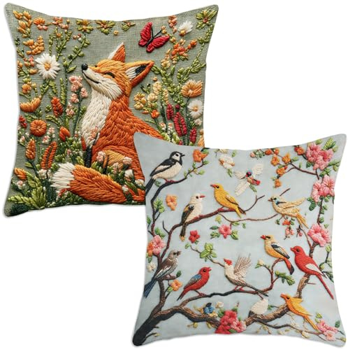 Vyranut Set of 2 Cushion Covers 45 x 45 cm, Fox and Bird Decorative Throw Pillow Covers, Floral Animal Linen-Look Pillowcase, Printed Not Embroidered Farmhouse Country Style Covers for Sofa Couch Bed
