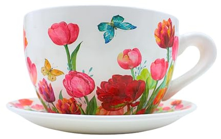 Dekohelden24 Blumentopf, Pflanztasse, Pflanzkübel, Pflanzgefäß, Blumenkübel, Pflanztopf. Übertopf als Tasse mit Griff aus Keramik, Motiv: Tulpenmeer, L/B/H 25 x 23 x14 cm.