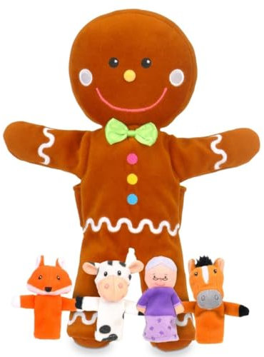 Hand & Finger Puppets - Gingerbread Man Puppet & 4 Unique Finger Puppets - Soft, Cuddly, & Embroidered Role Play Toys for Ages 2-9 to Enhance Imagination & Communication Skills by Fiesta Crafts
