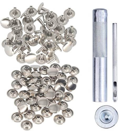 Trimming Shop Werkzeug Kit & Doppel Kappe Nieten Tubular Nieten für Dekoration Beutel, Riemen, Lederhandwerk, Hundehalsband, Fußware & DIY Basteln Projekte - Silbern, 6MM