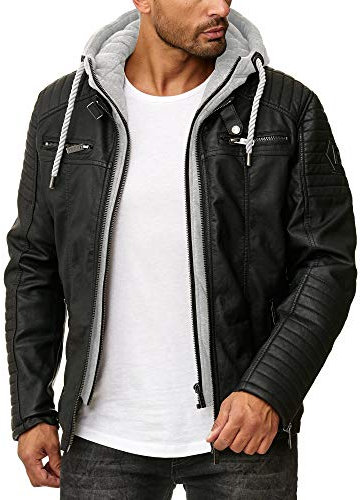 Redbridge Herren Lederjacke Kunstleder Bikerjacke mit Kapuze Schwarz-Graumelange S