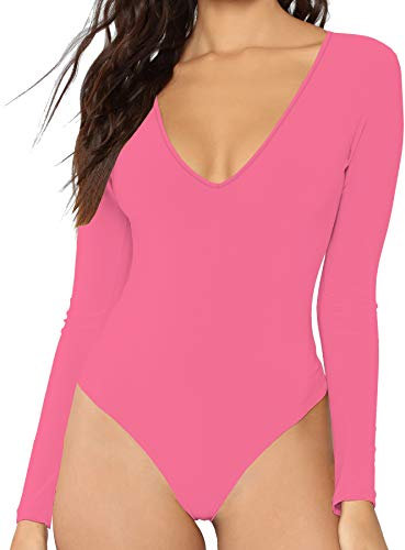 MANGDIUP Damen Langarm-Tops Basic V-Ausschnitt Gymnastikanzug Bodysuit (Neon Pink, M), Pink