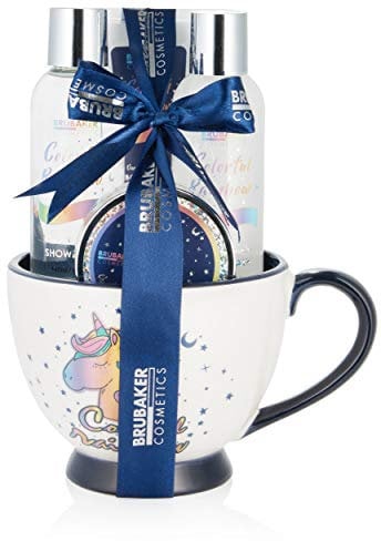 BRUBAKER Cosmetics 5-tlg. Einhorn Bade- und Dusch Set Colorful Rainbow - Geschenkset mit Vanille Lavendel Duft in XXL Kaffeebecher Blau Weiß