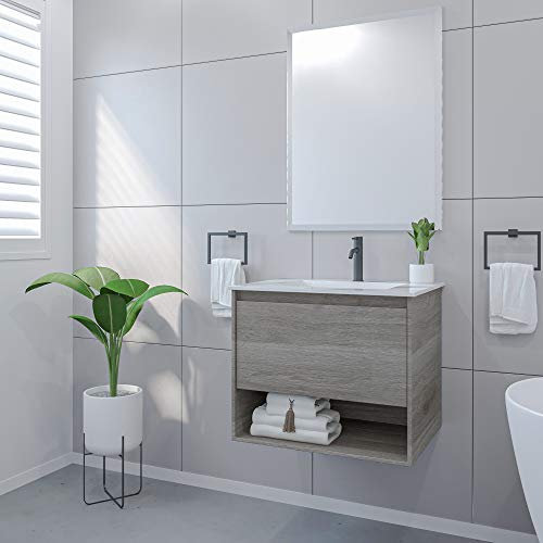 Mobile Bagno Sospeso con Lavabo e Specchio Salvaspazio in Legno MDF e Ceramica Elegante (Grigio Rovere 60cm.)