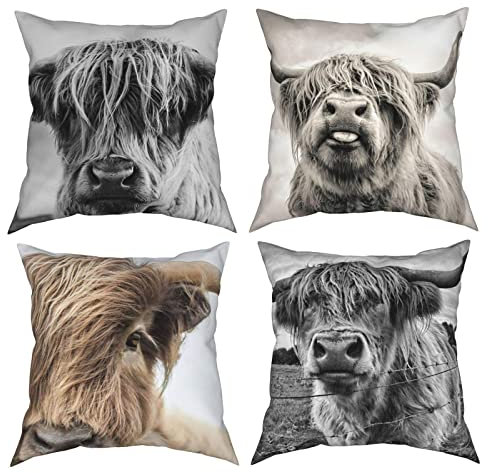 Highland Cow 4 Stück Kissenbezug,Dekokissen Dekor für Home Couch Auto Schlafzimmer Sofa,Kissenbezug,16x16 Zoll