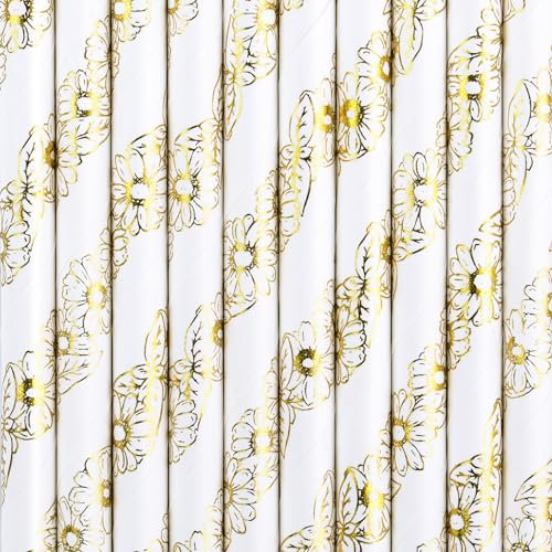 Papierstrohhalme mit Blumen 10er Set 19cm Trinkhalme - Einweg Cocktail Strohhalme - Getränke Deko Partyzubehör - Weiß Gold