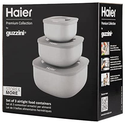 Haier HAGSM4080 – Lot de 3 Boîtes Alimentaires Hermétiques – Passe au Lave-Vaisselle – Réfrigérateur, Congélateur et Micro-ondes – 3 Tailles – Gain de Place – Collection Premium Guzzini