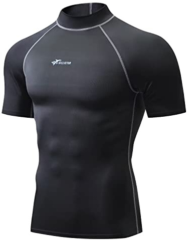Sillitor Rash Vest Mens Short Sleeve Sun Protection Swimming Shirts for Men Compression Base Layer Mens Rash Guard for Surf Diving Wetsuit Cycling,Quick Dry High Wicking Breathable Black Grey L
