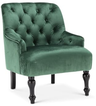Antique Retro Chesterfield Buttoned Bottle Green Velvet Occasional Accent Chair – Luxurious Tufted Single Armchair for Traditional Modern Small Spaces , Living Room Bedroom Conservatory Reading